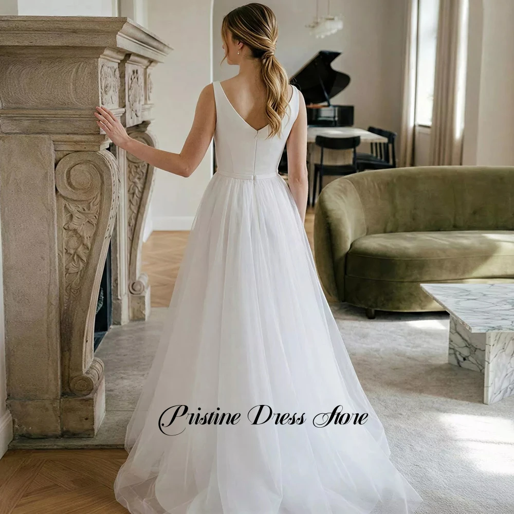 Graceful White Satin Top Tulle A Line Wedding Dress Sleeveless O-Neck Bridal Gown with Zipper Back Customized robe de mariée