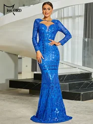 Missord Blue Sequin Evening Dress Elegant Women Long Sleeve Cutout Bodycon Maxi Mermaid Party Prom Dresses Formal Gown