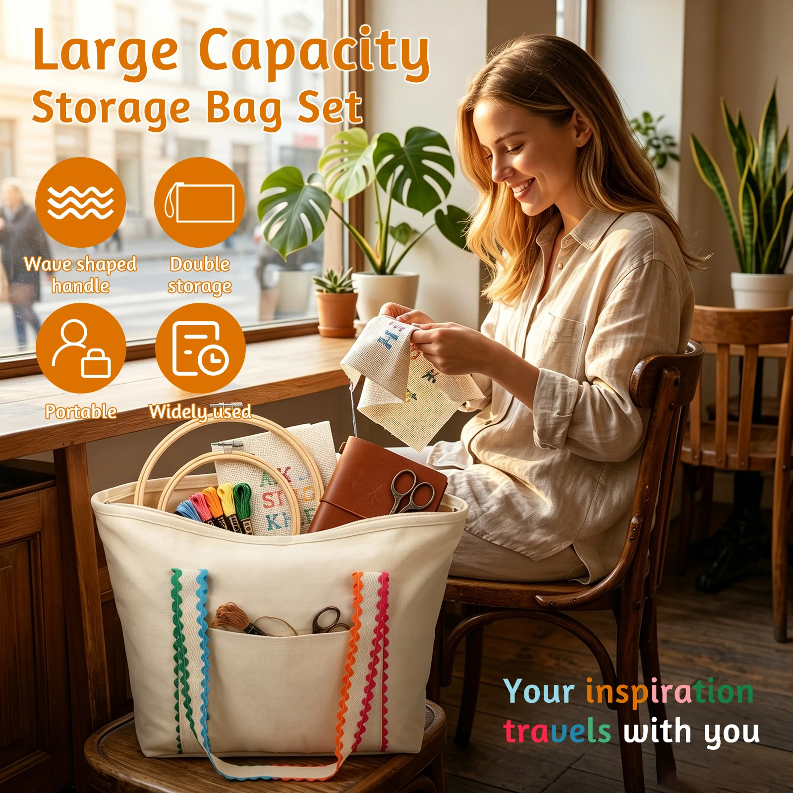 Canvas Tote Bag Commuting Bag Large Embroidered Sewing Craft Storage Organizer Grocery Mommy Shopping Bag for Quilting Cross
