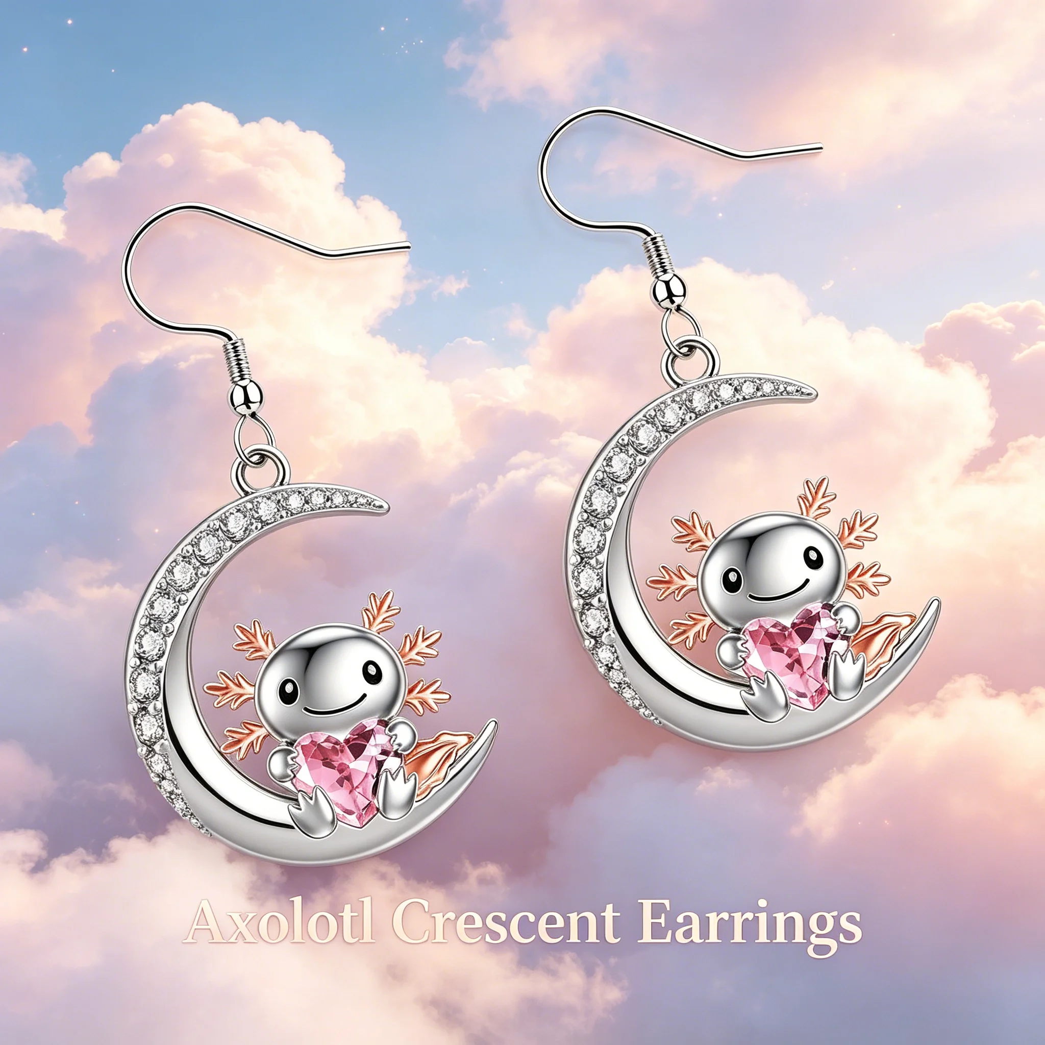

Cute Axolotl Moon Heart Dangle Earrings Silver Tone Animal Lover Cartoon Jewelry Women Casual Daily Gift