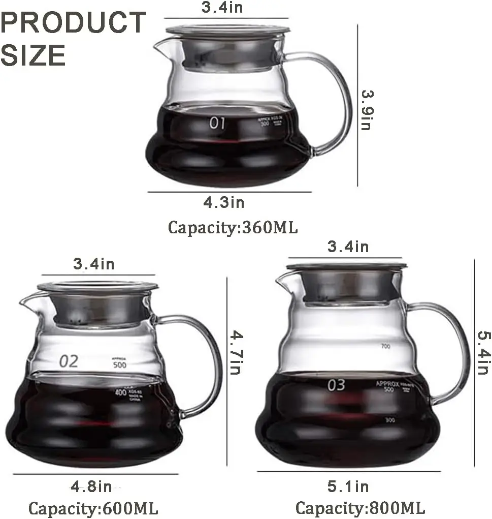 350/600ml Glass Coffee Bottle Coffee Server with Lid Heat-Resistant Suitable for Drip Coffee Maker Pot Perfect Tool for Baristas