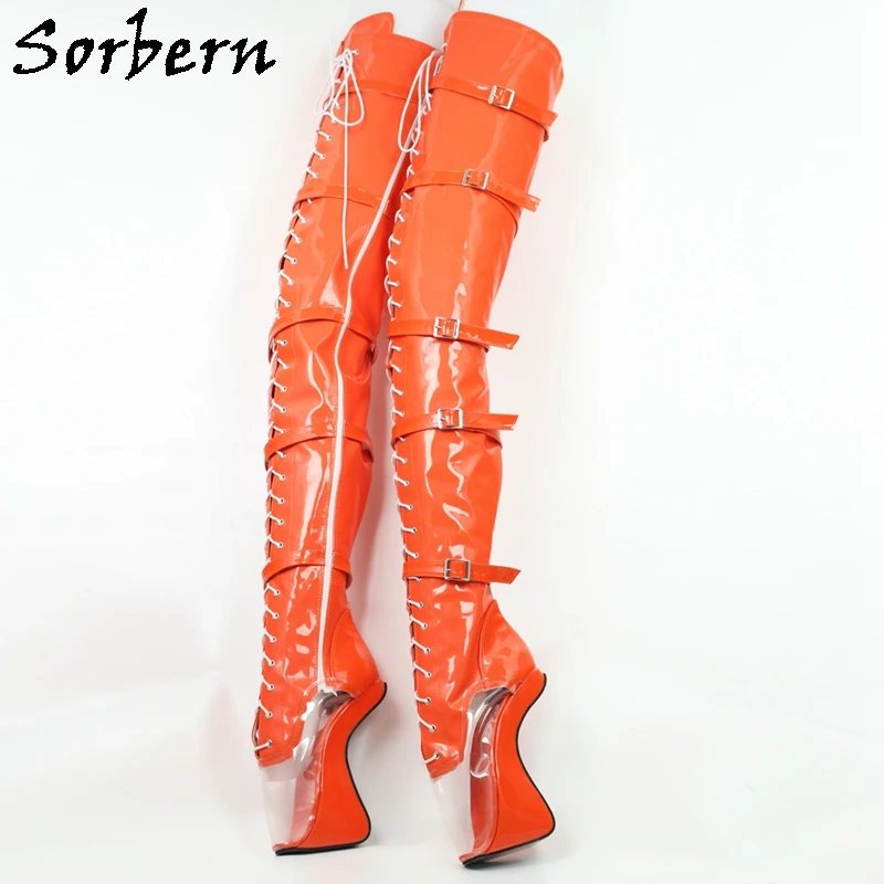 

Sorbern Sexy Fetish Ballet Boots Heelless Transparent Toe Over The Knee Boots Unisex Crosss Dressing Shoes Custom Slim or Wide