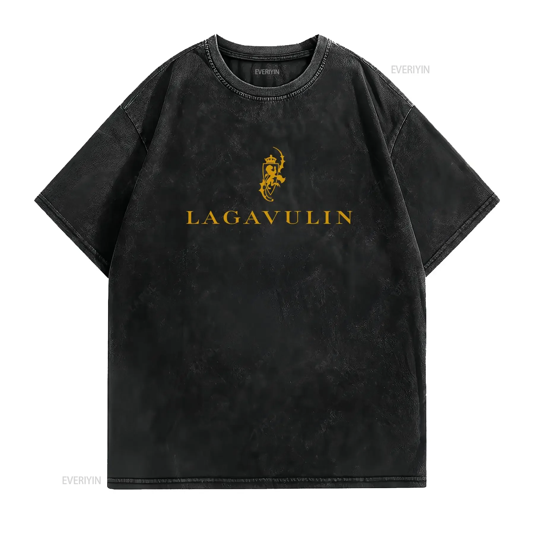 Herren Lagavulin Single Malt Whisky T Shirt Schwarz mit Goldener Logo Print Rundhals Casual für Anlässe Ganzjahres vintage