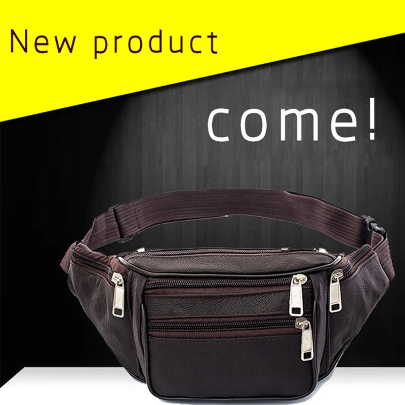 Practical Leather Belt Bag Men's City Hiking Essential Belt Bag Portable Zipper Multifunctional Mobile Phone Bag