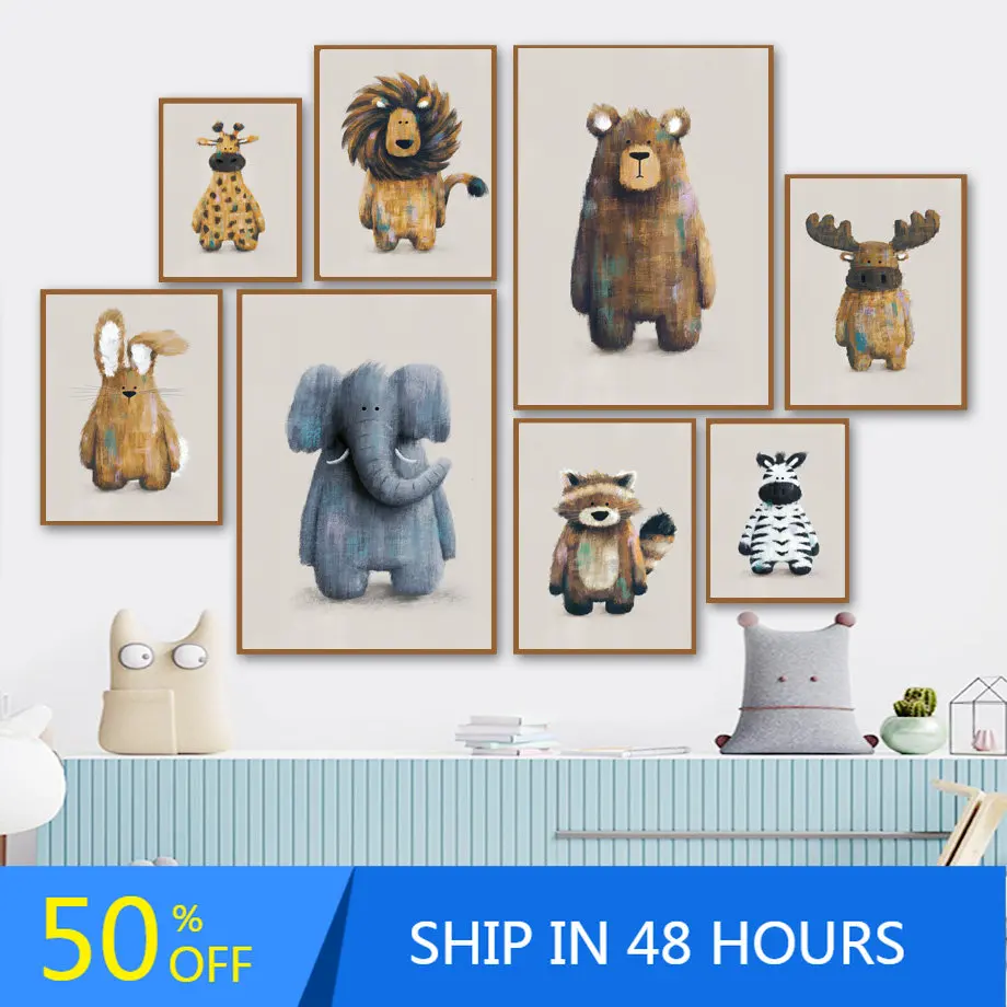 Woodland Prints Racoon Moose Bear Bunny Forest Kids Nursery Wall Art Lion Zebra Elephant Giraffe Safari Friends Children Bedroom