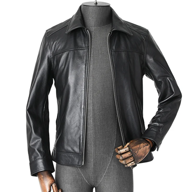 100% Plus Size 6XL Cow Leather Jacket Men Lapel Business Casual Real Leather Cowhide Jacket Slim Genuine Leather Short Coat Male