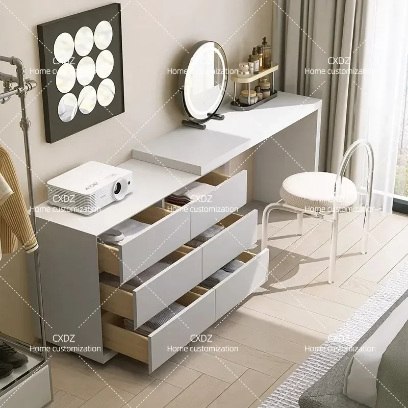 Italian Minimalist Dresser Desk Integrated Telescopic Solid Wood Bedroom TV Cabinet Storage Modern Paint Computer Chest