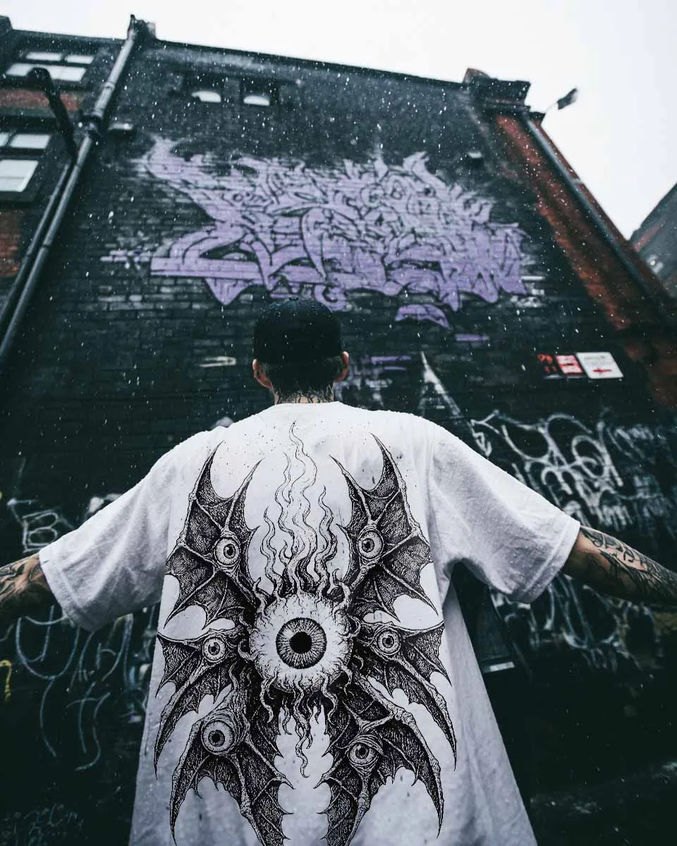 Devil Multi Eyed Batwing Monster Big Back Printed Men's Short Sleeved T-shirt Gothic Punk Metal Street Wear Casual Top