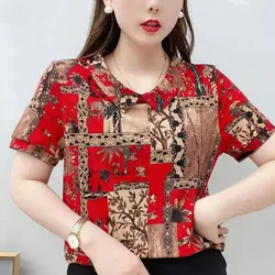 2023 New Stylish Peter Pan Collar Blouse Summer Vintage Printed Folk Female Clothing Short Sleeve Patchwork Commute Loose Shirt