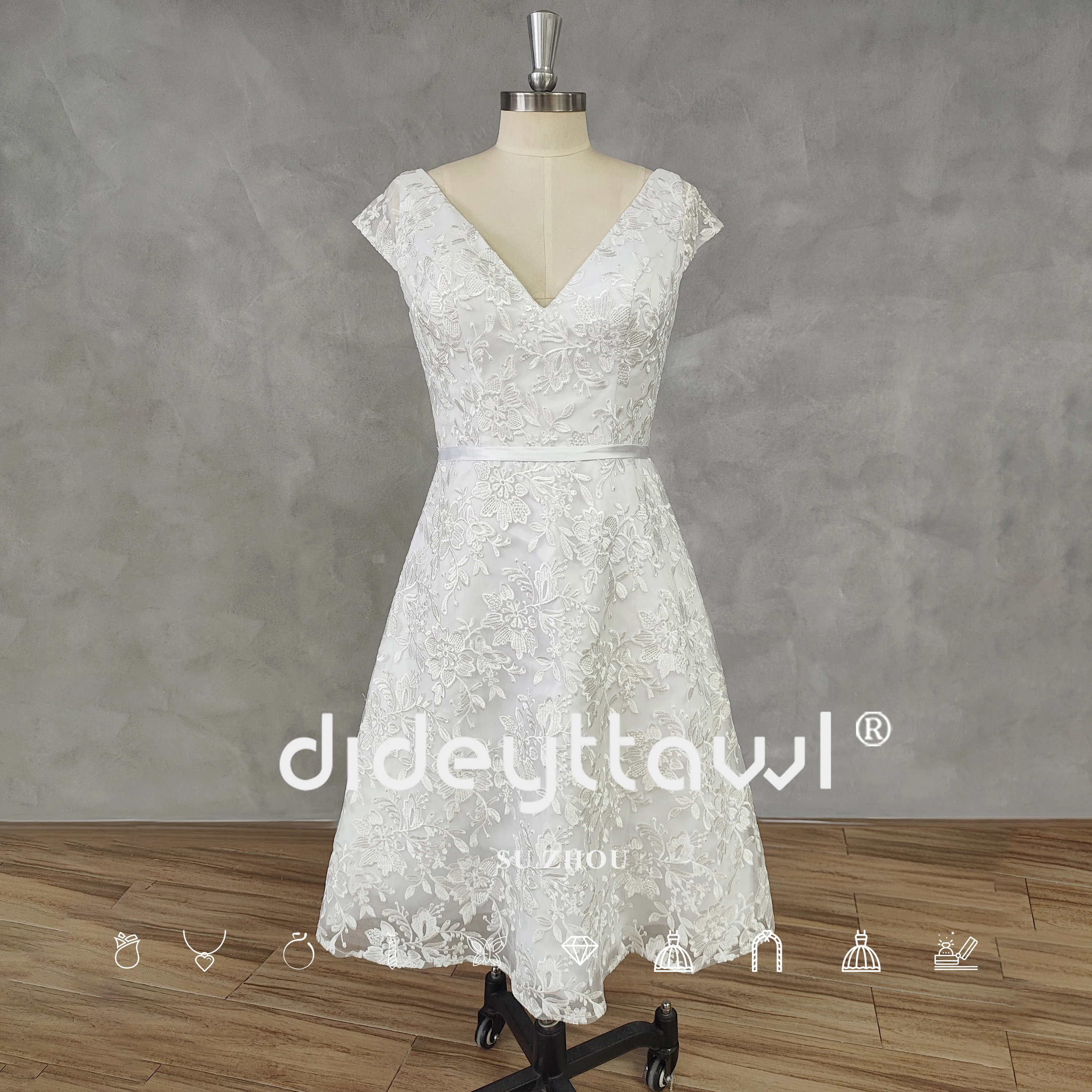 DIDEYTTAWL Real Pictures V-Neck Cap Sleeves Appliques Tulle Short Wedding Dress Zipper Back Mid-Calf Bridal Gown Custom Made