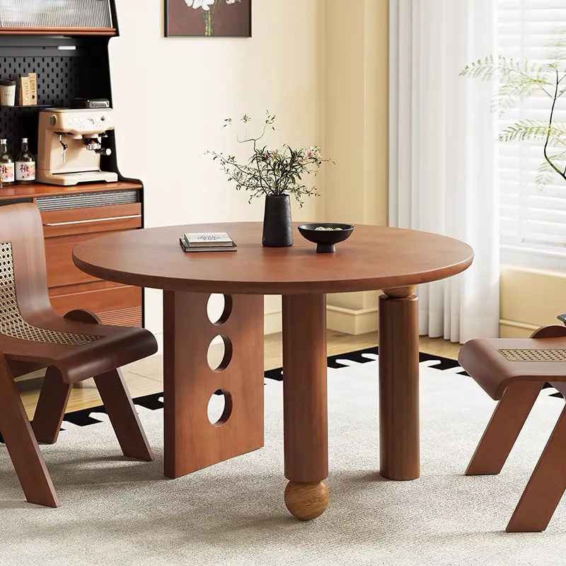 طاولة طعام مستديرة من الخشب الصلب الراقية مع قرص دوار منزلي جديد غير لامع في العصور الوسطى #4