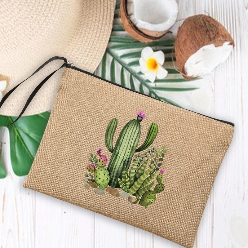 Cactus Print Linen Bag Women Makeup Bags Summer Outdoor Beach Handbags Female Cosmetic Storage Pouch Travel Wash Organizer Gifts