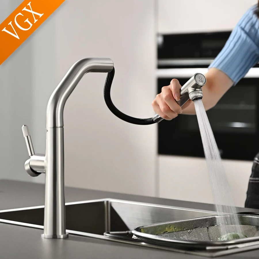 VGX Kitchen Faucet Dual Spout Pure Drinking Water Tap Pull Out Kitchen Sink Mixer Stainless Steel Kitchen Gourmet Faucet Crane