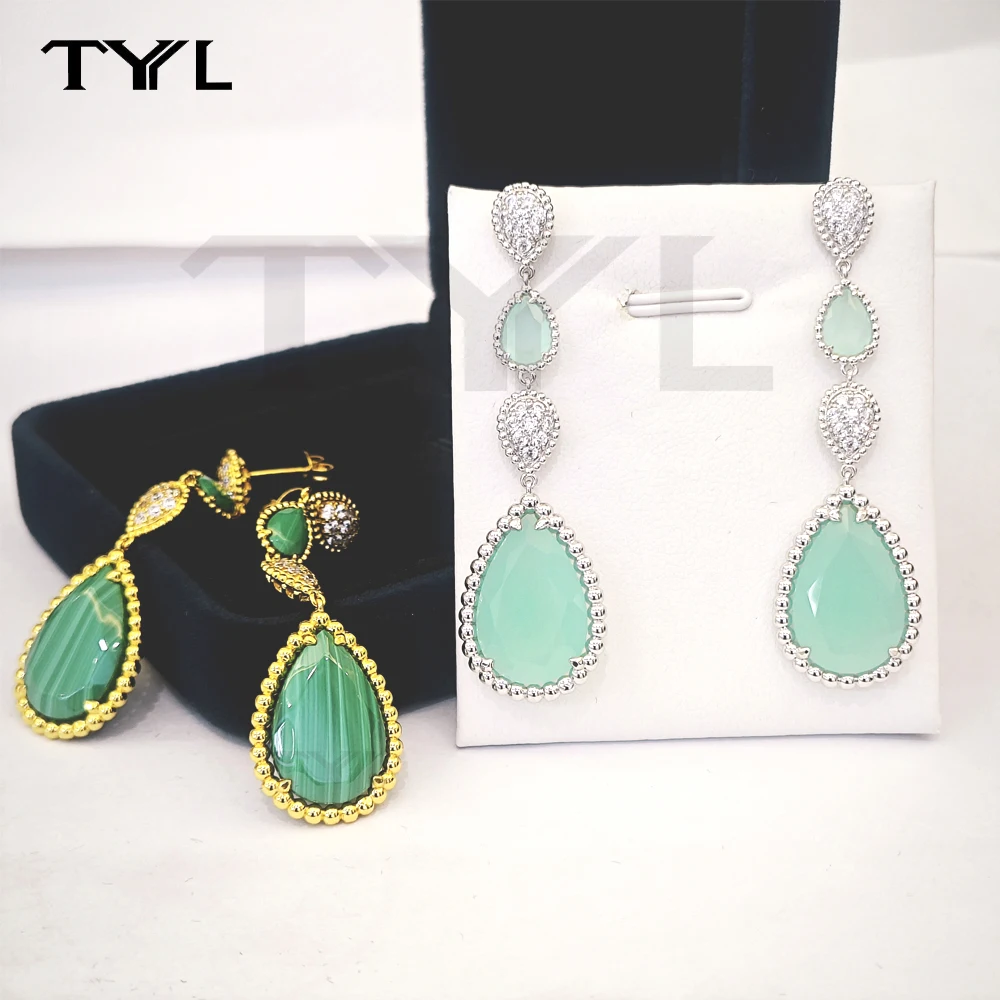 

TYYL Waterdrop Malachite Earring Blue-Green Chalcedony Holiday Long Dangle Earrings Women Wedding Party Jade Pendant Ear Jewelry