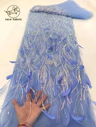 Asoebi-Tissu de dentelle de tulle brodé de plumes africaines, paillettes, maille, luxe, France, haute qualité, 3D, 2023