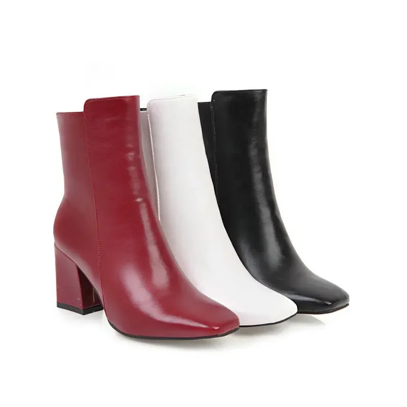 2024 New Women Side Zipper Мартин Cапоги Comfortable Ankle Boots Fashion Shoes Black Red White Square Heel Ladies Boats 32-43