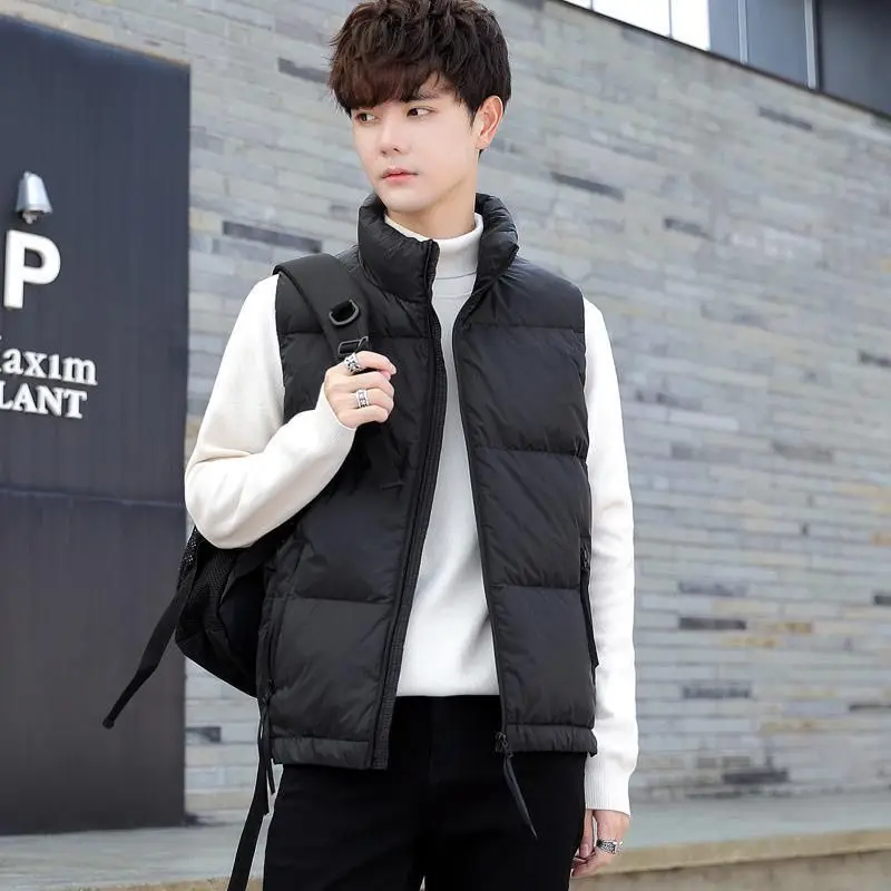 Hong Kong style trendy sleeveless down vest with zipper splicing design duck down American style warm and cold-proof jacket