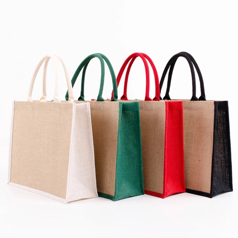 

Reusable Blank Burlap Tote Women Jute Beach Shopping Grocery Bag with Cotton Handle Travel Storage Handbag