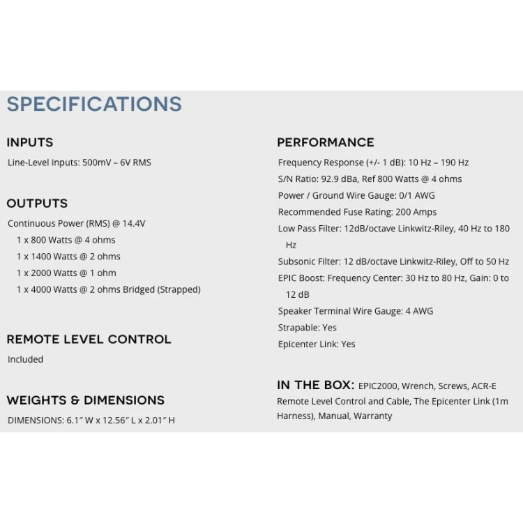 EPIC2000 Epic Series 2000 Watt RMS 1-Channel Monoblock Amplifier Subwoofer Audio Mobil, Kelas D, Epic Boost, Subsonic