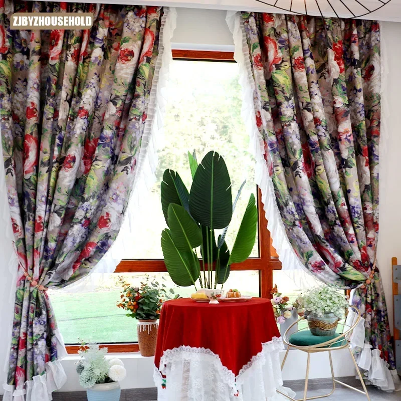 

American style rural flower Curtains for Living dining room bedroom festive floor shading windproof sunshade window curtains