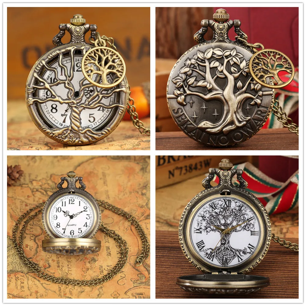 Antike Bronze Leben Baum Design Quarz Taschenuhr mit Anhänger Halskette Uhr Geschenke für Männer Frauen