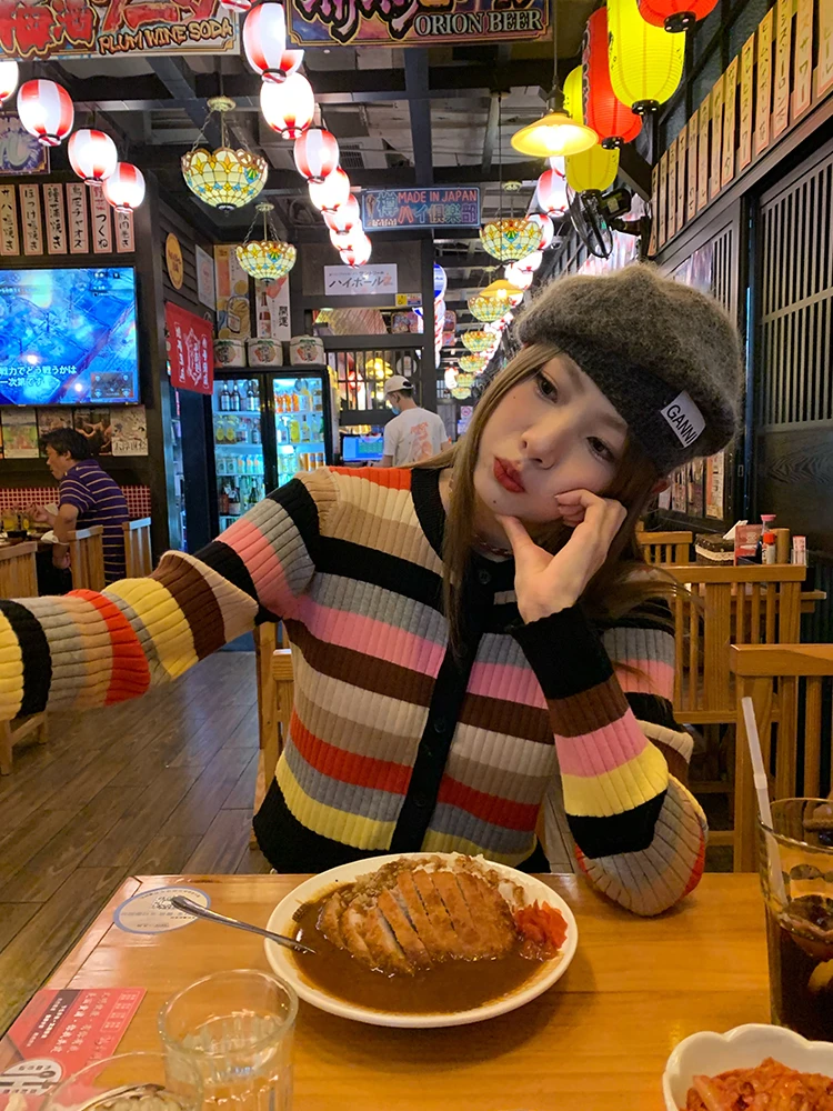 ort Women's Sweater Autumn Winter New Design Striped Open Cardigan Outerwear Knitwear Warm Fluffy round Ne Button up Regu...