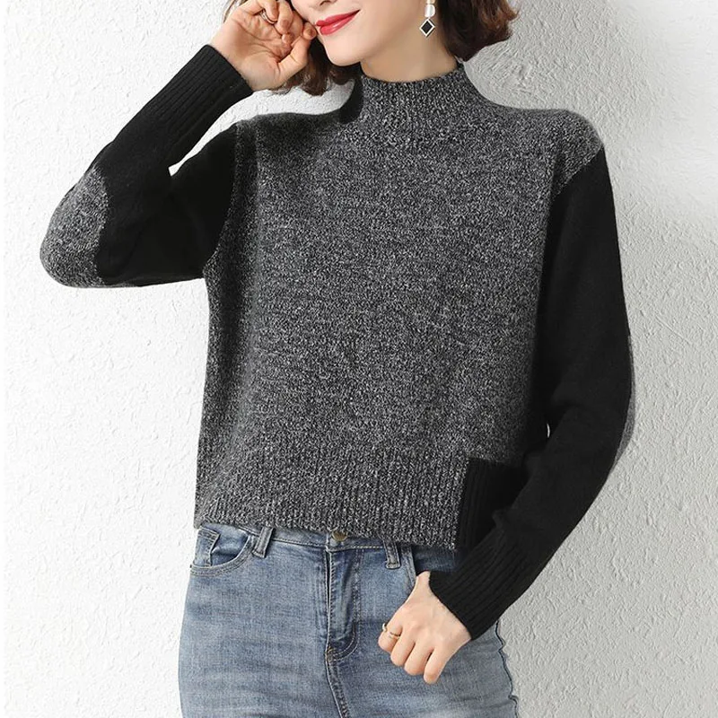 New Autumn and Winter Fashion High Waist Short Half High Neck Colored Loose Versatile Foreigner Long Sleeve Knitted Sweater