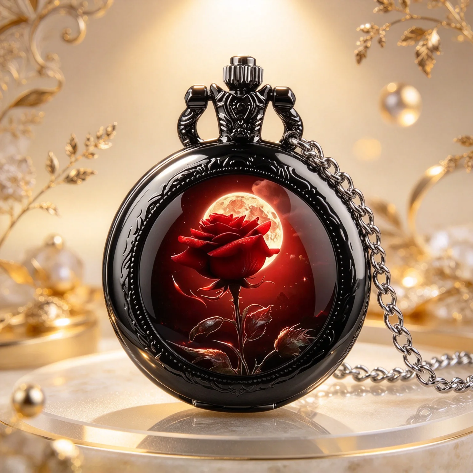 Exquisite Rose Dome Glass Pocket Watch Arabic Numeral Dial Men Women Necklace Pendant Creative Vintage Clock Gifts