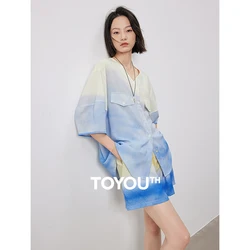 TOYOUTH Women Two Piece Sets 2024 Summer New Gradient color Blouse Shirt With Shorts Beach Vacation Two Piece Sets