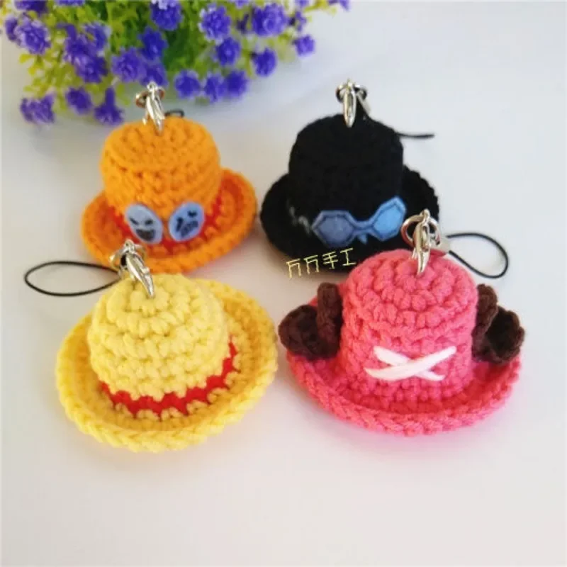 

New anime cartoon knitted handmade One Piece Luffy Ace Sabo Chopper small hat straw hat keychain pendant creative jewelry gift