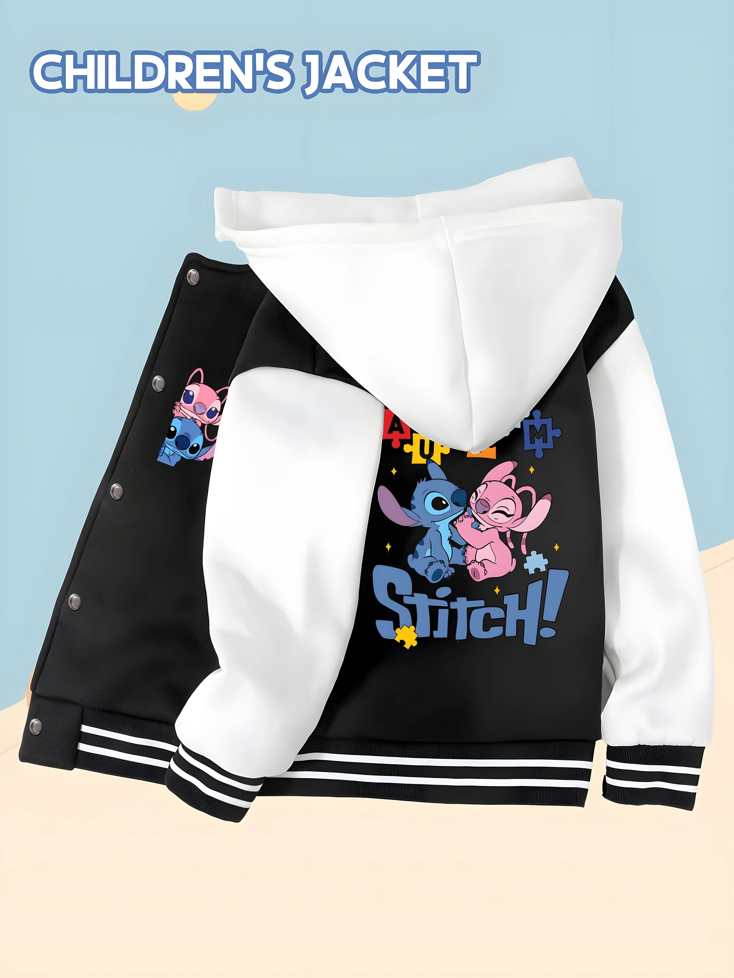 

MINISO Disney Boys' Baseball Jacket - Stitch Couple Print, Colorful Puzzle Design, Ideal for Everyday Toddler Outerwear