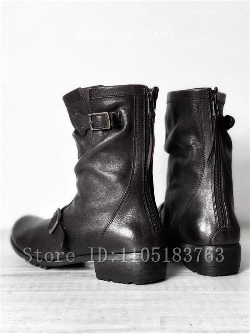 الرجعية نمط حزام مشبك أسود دراجة نارية أحذية الرجال مطوي كعب سميك عودة زيبر خمر تشيلسي الأحذية