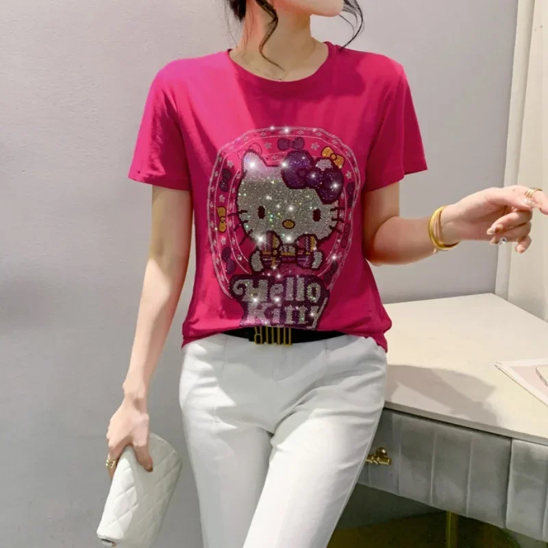 New Heavy Industry Hellokitty Hot Diamond Cat Short-sleeved T-shirt for Women Sanrios Anime Kawaii Summer New Fashion Design Top