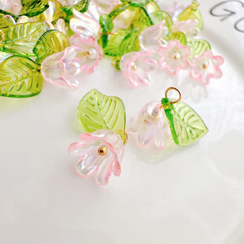 10/100pcs Cute Pearl Bell Orchid Pendant Green Leaf Flower For DIY Jewelry Making Accessories Handmade Earring Necklace Bracelet