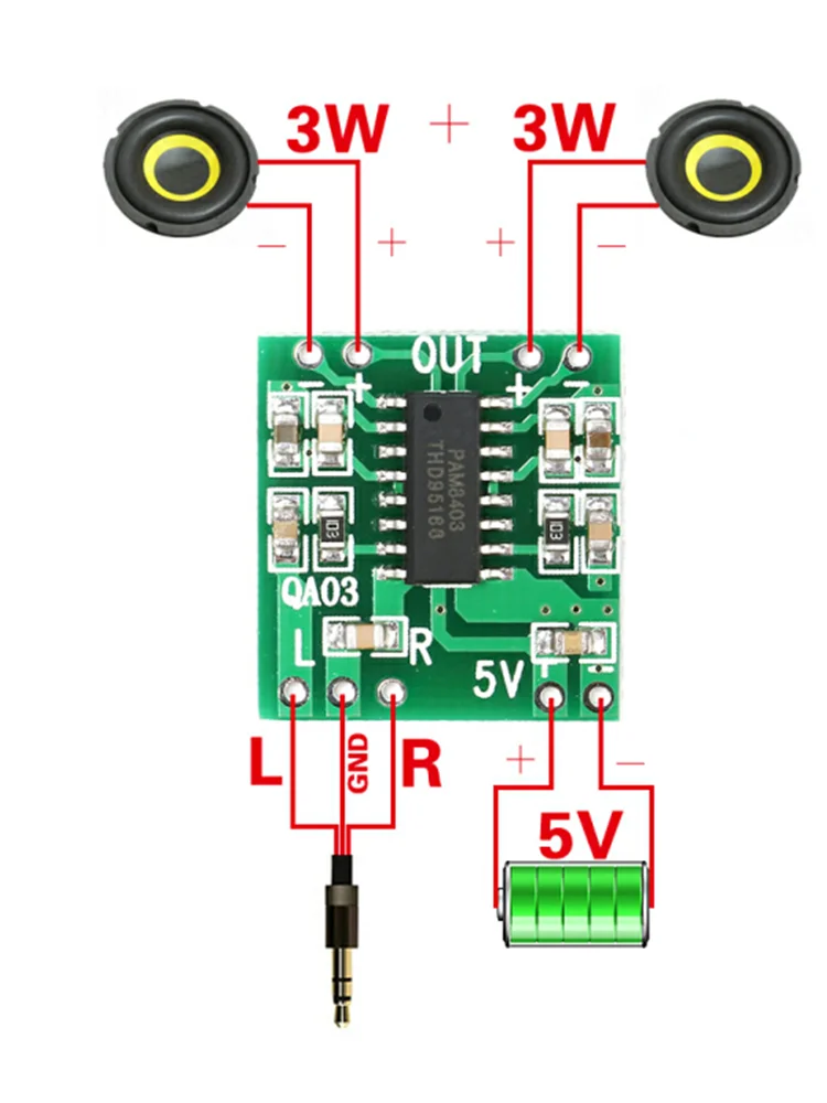 5PCS PAM8403 Super mini digital amplifier board 2 * 3W Class D digital amplifier board efficient 2.5 to 5V USB power supply