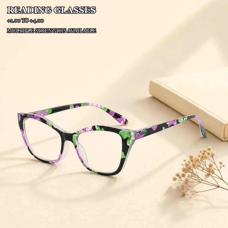 Damen-Lesebrille mit Blumenmuster im Cat-Eye-Design, bedrucktes Design, einfache Alltags-Lesebrille