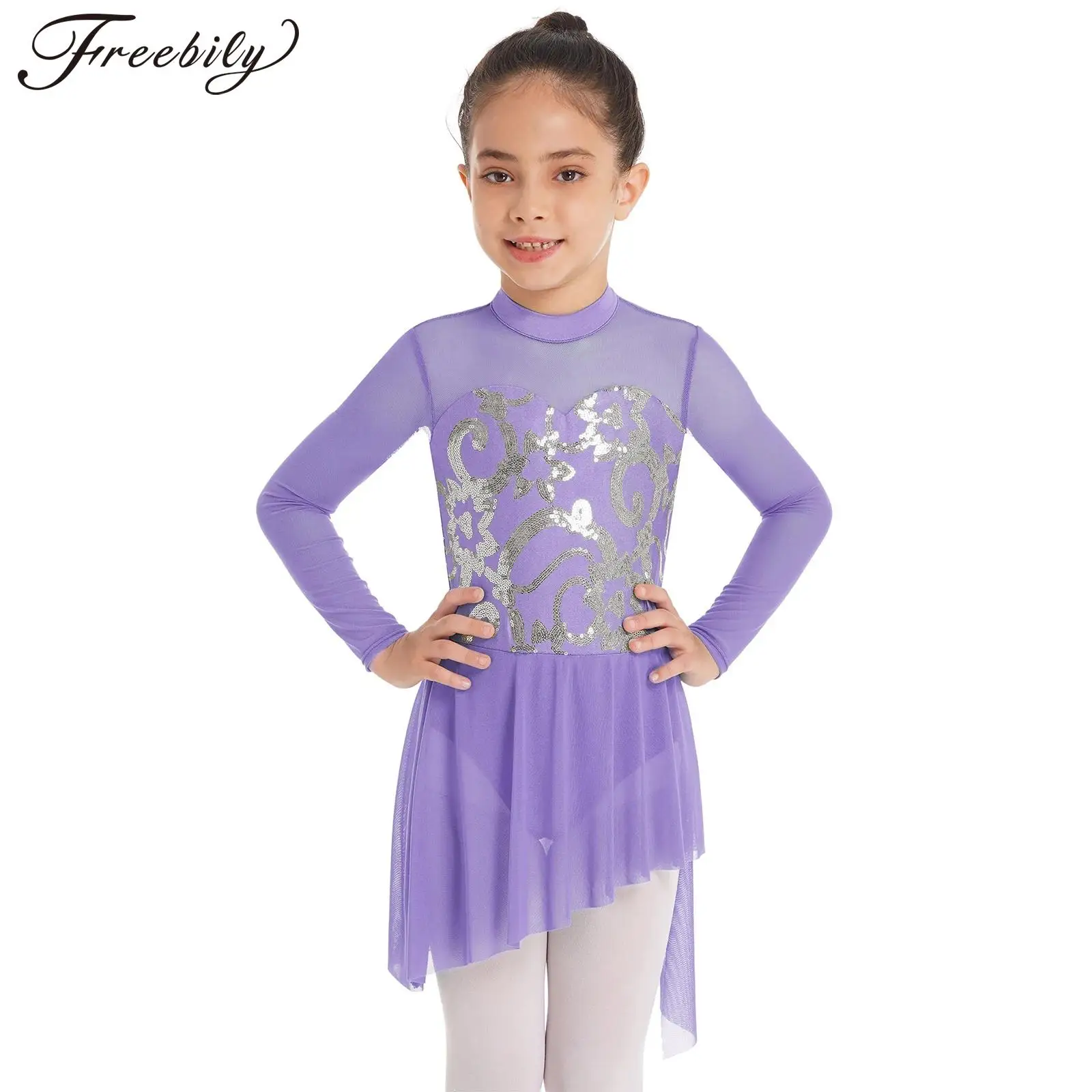 Kids Girls Mesh Long Sleeves Ballet Tutu Dress Leotard Shiny Sequins Figure Skating Dresses Stage Performance Dance Costume