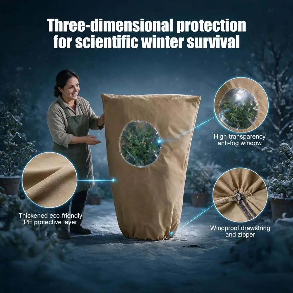 Winter Plant Care Equipment Winter Plant Protection Cover Winter Plant Cover with Round Window Zipper Drawstring Non-woven