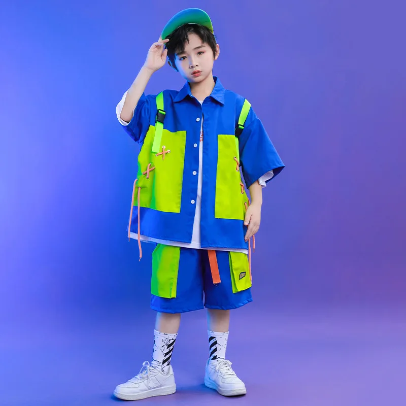 

Kid Kpop Hip Hop Clothing Cord Oversized Short Sleeve Shirt Summer Casual Cargo Shorts for Girl Boy Jazz Dance Costume Clothes