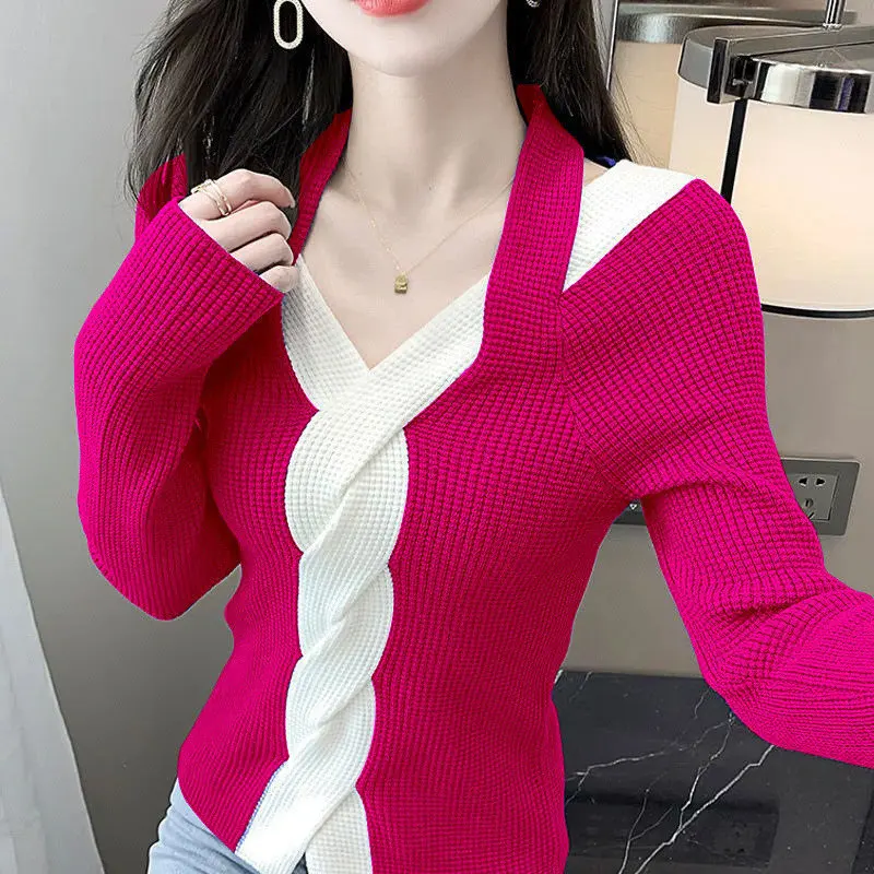 Contrast Color Twist Sexy Hollow Halter Chic Knitwear Women\'s Autumn Winter Casual Slim Long Sleeve Pullover Top Knitted Sweater