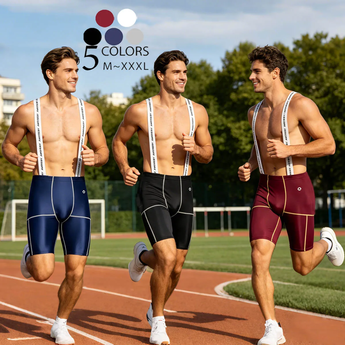 AMORESY Aurelius Suspender Men Sports Shorts Glossy Spandex Elastic Tight Running Cycle Fitness Workout Quickdry Overalls Pants