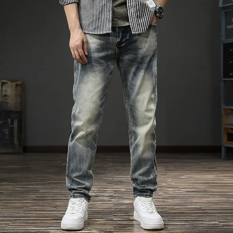 Fashion Vintage Men Jeans High Quality Retro Washed Blue Stretch Slim Fit Ripped Jeans Men Italian Style Designer Denim Pants