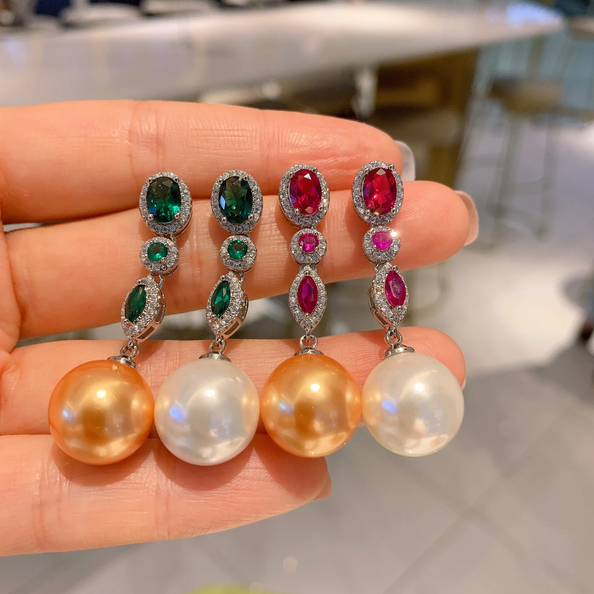 

2022 New 925 Sterling Silver 14mm Pearl Ruby Emerald Drop Earrings For Women Elegant Party Wedding Fine Jewelry Anniversary Gift