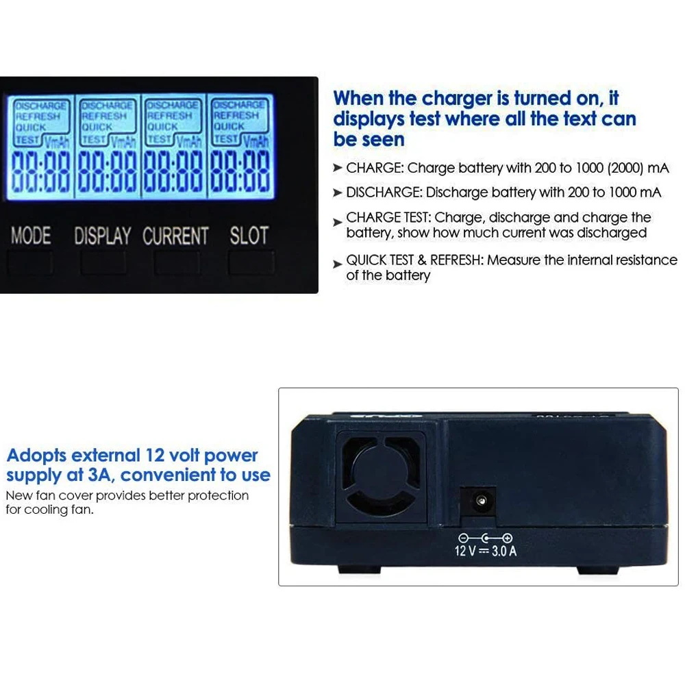 Opus Bt-c3100 Digital Smart 4 Slot LCD Battery Charger Compatible for Li-ion Nicd Nimh Aa AAA 10440 18650 Rechargeable Batteries