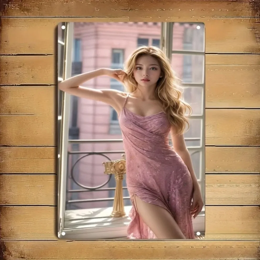 2026 Tin Sign Beautiful Blonde Girl in Pink Lace Maxi Dress Vintage Metal Plaque Wall Art Decor for Bar Pub Man Cave Home Dec