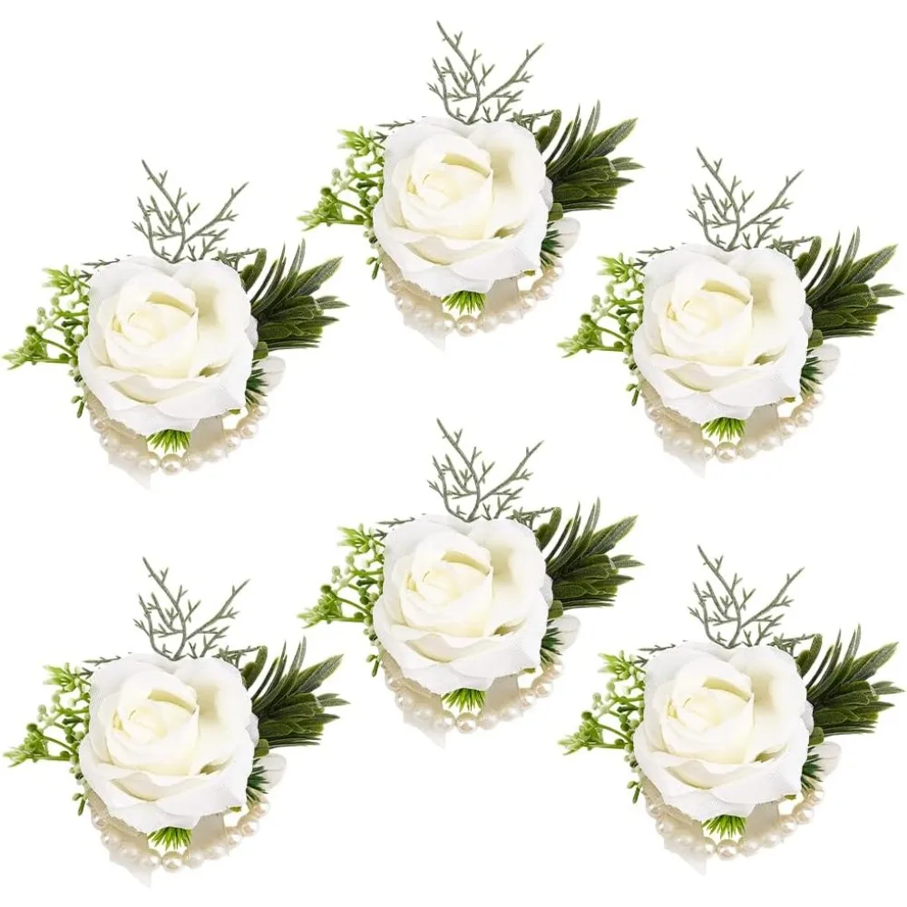 

6PCS White Wrist Corsage Bracelets Wedding Rose Wrist with Pearl Handmade Flowers Wristlet Corsages for Women Bride Bridesmaid