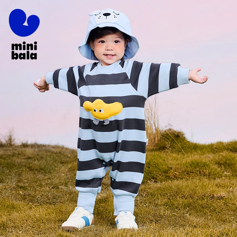 Mini Bala Long-Sleeved Pure Cotton Fleece-Lined One-Piece Outfit for Boys and Girls 2024 New Autumn and Winter Styles