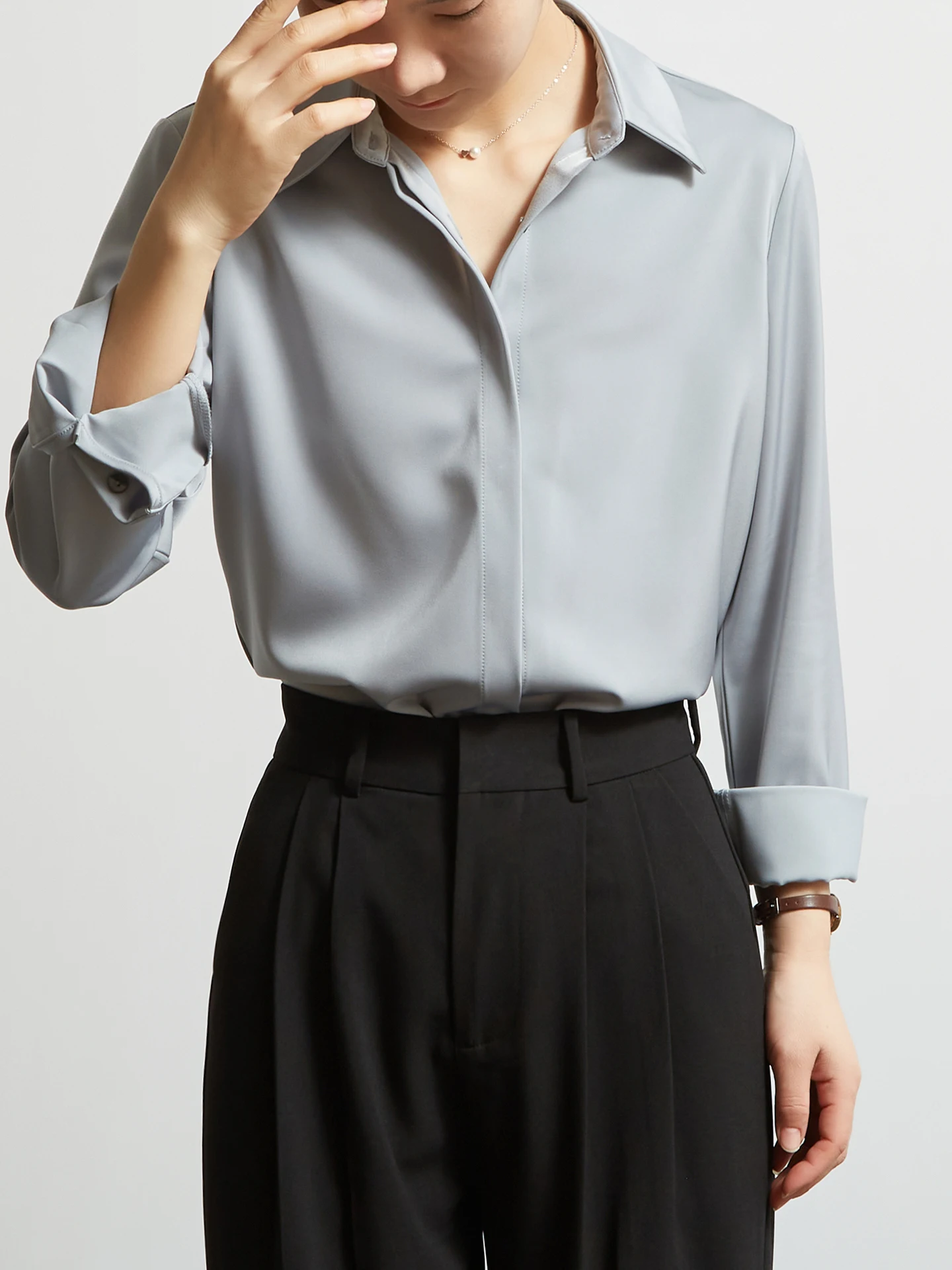 

CHICBLISS Grey Satin Long Sleeve Shirt for Women Anti-Wrinkle Drapey Commute Spring Autumn Hidden Button OL Style Polyester B...