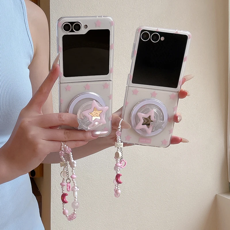 Korean Cute Star Magnetic Phone Case For Samsung Galaxy Z Flip 7 6 5 4 ZFlip7 ZFlip6 Cases with Stand Holder For Magsafe Funda