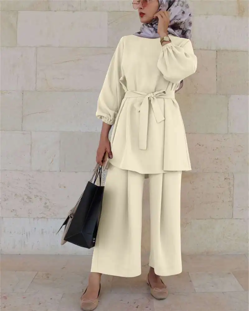 Elegant 2 Piece Muslim Sets for Women Tops and Pants Suits Eid Arabic Abaya Matching Long Sleeve Outfits Casual Isamic Clothing